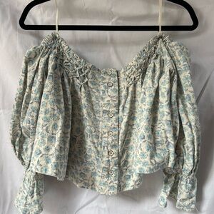 Free People Light Blue + White Crop Blouse with Puff Sleeves and Smocked Neck